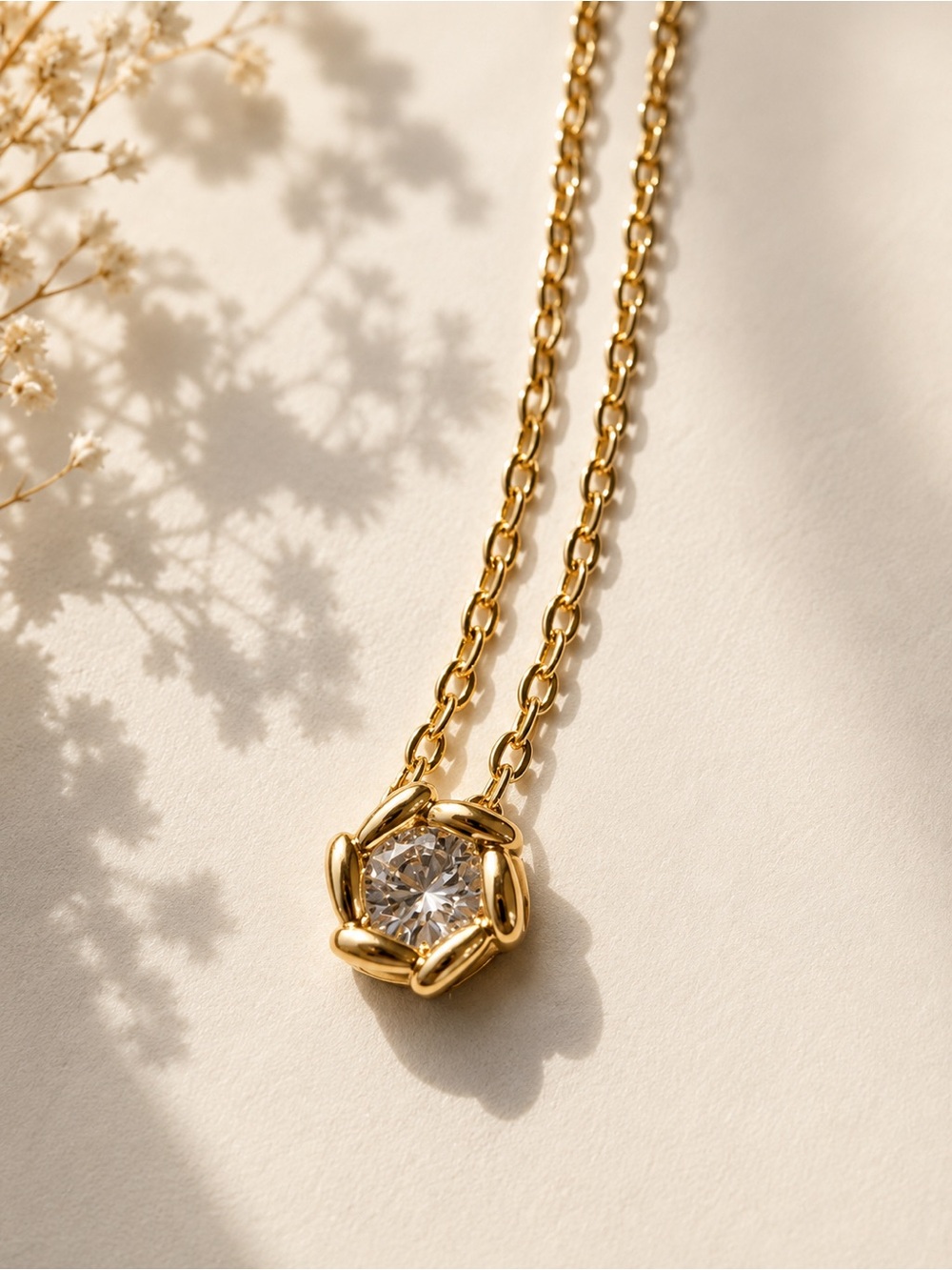 Gold Plated Solitaire Floral Pendant Necklace - Women Jewelry